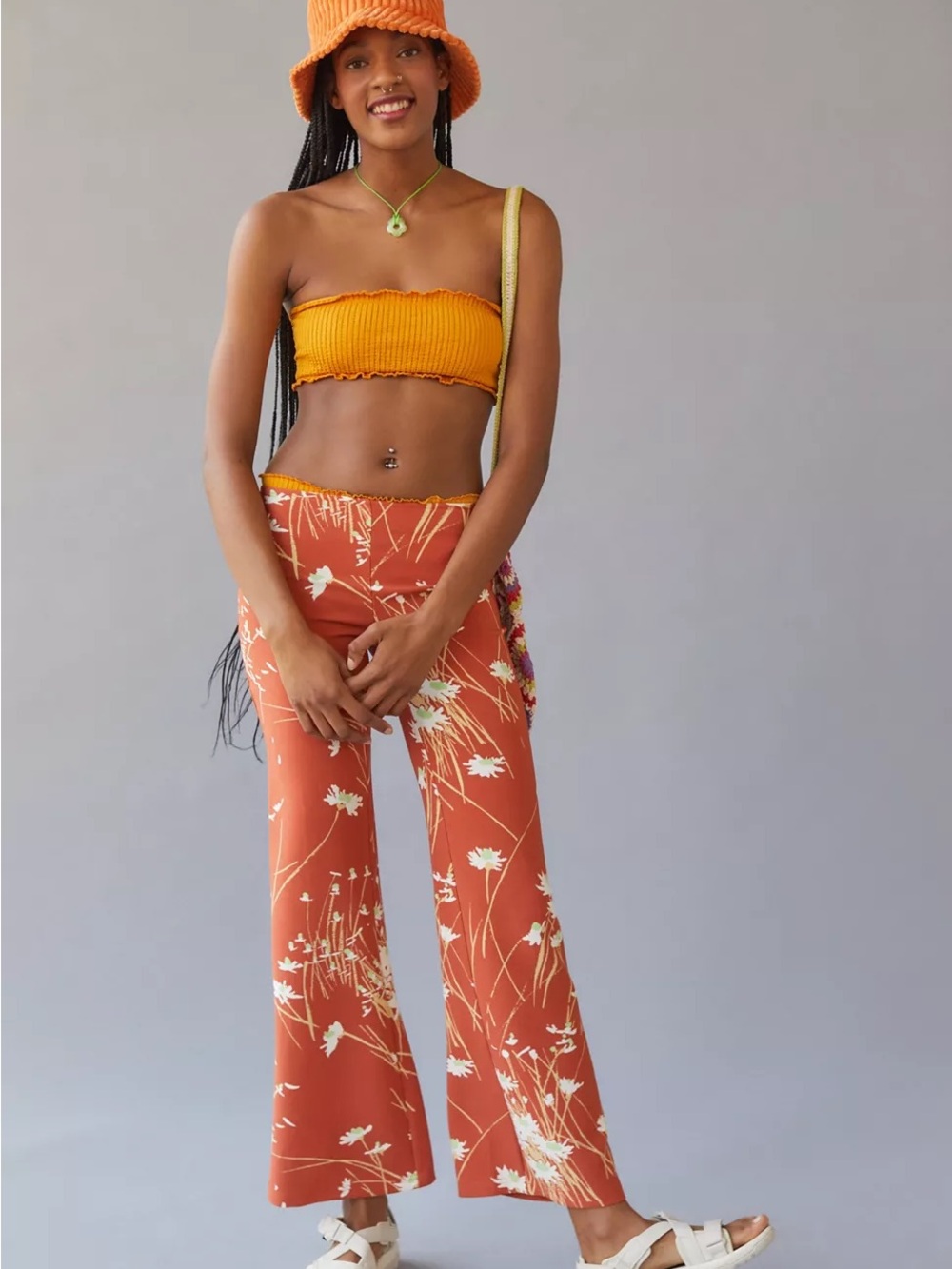 UO Dalila Y2K Low-Rise Orange Floral Flare Pant